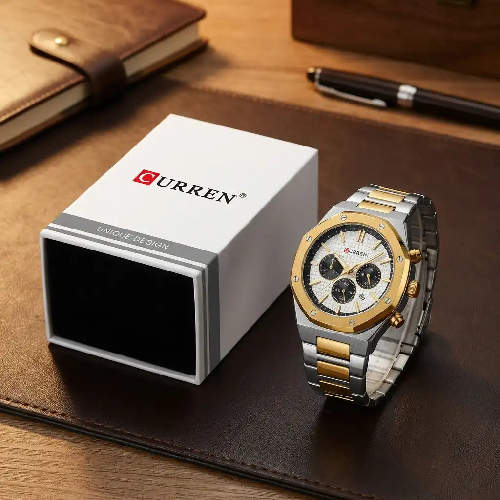 CURREN Montre Prestige Homme – Blanc Doré